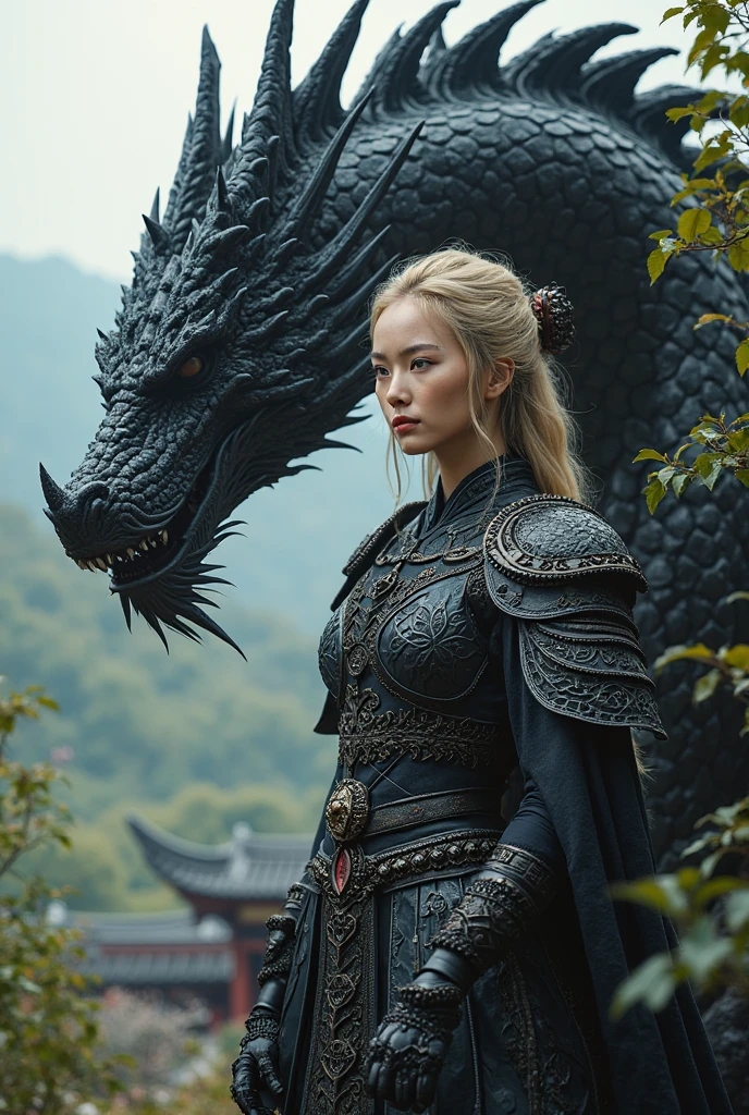 Fantasy, artistic photo of a young girl with silver hair and a headpiece, standing close to a dragon-like creature with detailed, textured scales, close-up portrait focusing on the faces of both the girl and the dragon, background is blurred to emphasize the subjects, taken under soft, natural lighting that enhances the skin texture and the dragon's scales, shot at eye-level with a high-quality digital camera, possibly a Canon EOS 5D Mark IV with a 50mm f/1.2 lens, in the style of Benjamin Von Wong