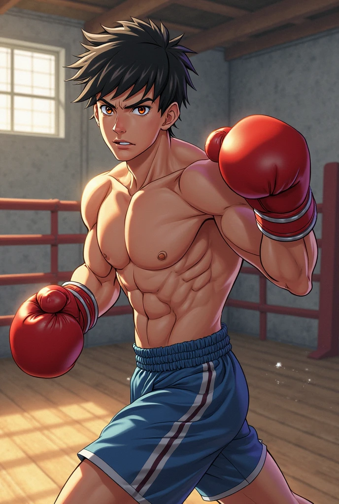 shirtless, super muscular, sweat-drenched body, 22-year old short black hair handsome caucasian male wearing boxing gloves, sweat-drenched white boxing shorts and boxing shoes, panting, in the boxing ring, shirtless