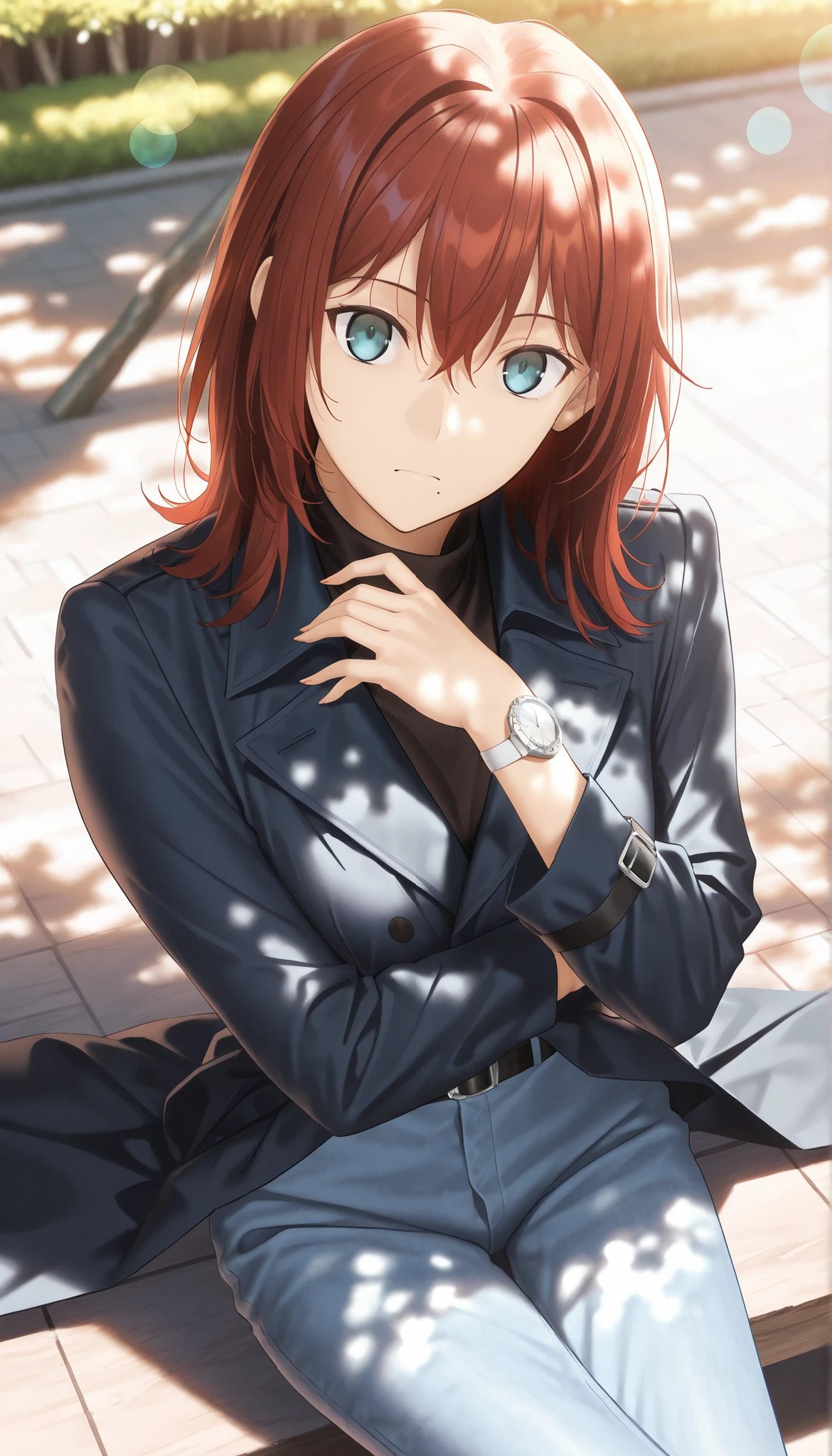 masterpiece, , absurdres, highres, detailed background, high resolution, masterpiece, necessary, detail, best quality, quality, necessary, details, High details, Precise, outdoors, (dappled sunlight), day, lens flare, blurry background, (from above), solo, ,
1girl, , (type-moon,) style, koyama hirokazu style, ,,upturned eyes, shiny skin, mole under mouth, , (head tilt), sitting, one wrist watch, ,
tall girl, mature, slim body, slender body, brown red hair, medium hair, light blue eyes, , flat chest, hair between eyes, , ((dark blue trench coat)) , in high neck, long sleeve, long denim pants, , looking at viewer, , (aged up:1.5), ,