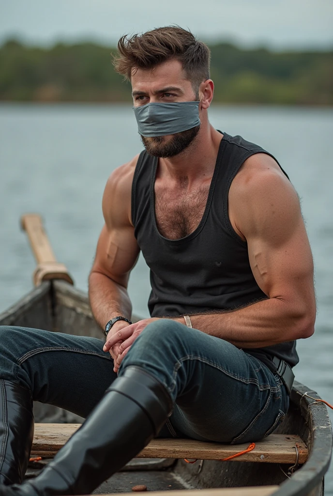(masterpiece, 4K, ultra detailed), Jason Voorhees, dark hair, two blogs haircut, single, Jason's white mask, masculine, lake, realistic, shirtless, muscular, eight-pack, red shorts