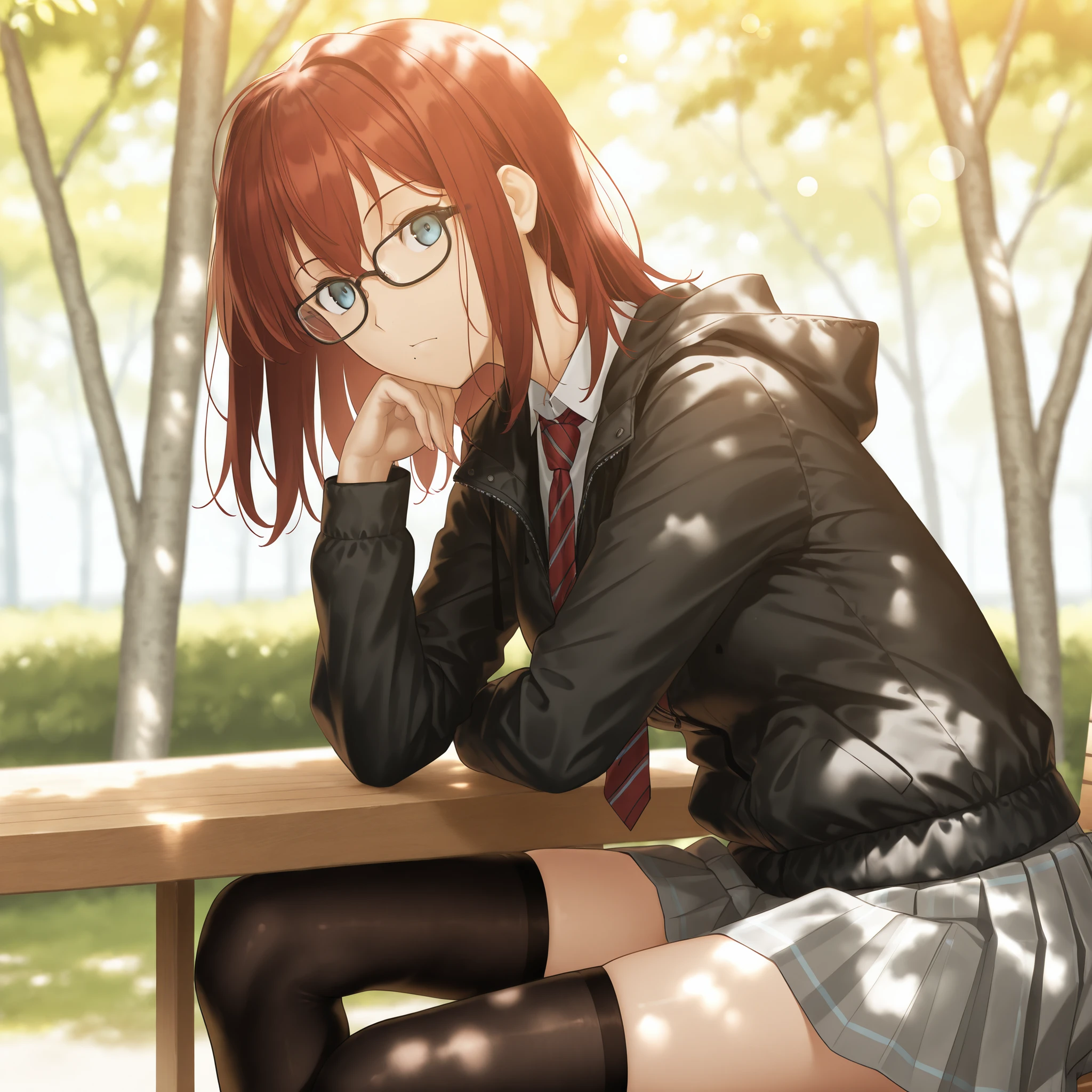 masterpiece, , absurdres, highres, detailed background, high resolution, masterpiece, necessary, detail, best quality, quality, necessary, details, High details, Precise, outdoors, (dappled sunlight), day, lens flare, blurry background, (from side), solo, ,
1girl, , (type-moon,) style, koyama hirokazu style, ,, shiny skin, mole under mouth, thinking, (head tilt), sitting, leaning forward,
tall girl, mature, slim body, slender body, brown red hair, medium hair, light blue eyes, ,black frame glasses, , hair between eyes, ((black Down jacket)), in seifuku, red necktie, stripe necktie , pleated skirt, dark gray skirt, mini skirt, black thighhighs, , cowboy shot , ,,, looking at viewer,, flat chest , (aged up:1.5), ,
