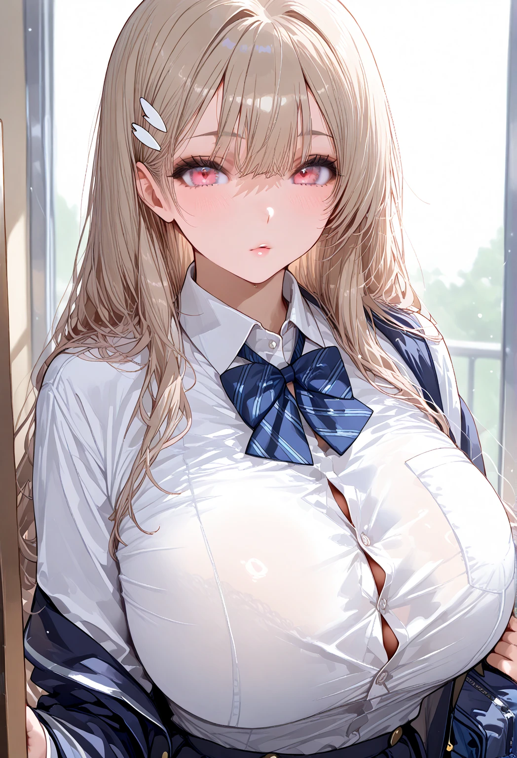 photorealistic, masterpiece, high resolution, detailed, (1 girl, white collared so much see-through shirt, big erect brown nipples, cleavage, hairy, looking at something horrible next to viewer, surprised expressions, about to weep, wide open mouth, platinum blonde long wavy hair), 1boy, 1 penis, penis over eyes,