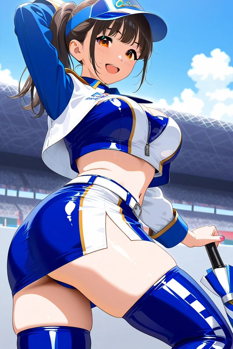 1 female,black hair,25 years old,(((Gorgeous lace queen'Reveal uniforms,tight mini skirt)))(((blush、open mouth smile)),(((straight hair))),(((portrait))),crowd,,(wet with sweat)(leather thigh high boots)(((beautiful breasts)))((sit))