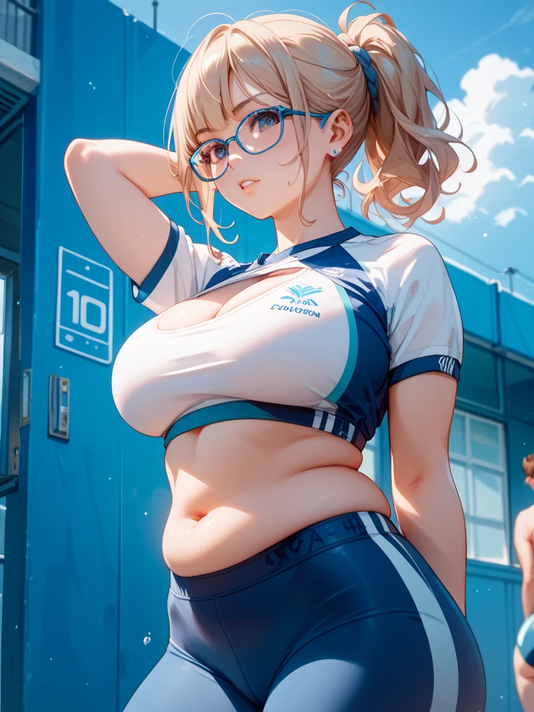 Anime girl with curly texture light blonde hair, having light blue eyes and gym wear, with a big and plump buttock, large breasts, wide thighs, and pale skin.