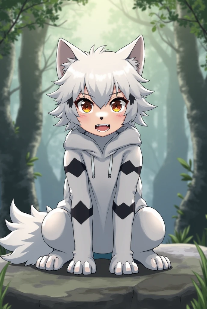 A girl 's lower_body is becomed to a white fox(Japanese anime style)(four_legs)(three tails)(scared and crying)