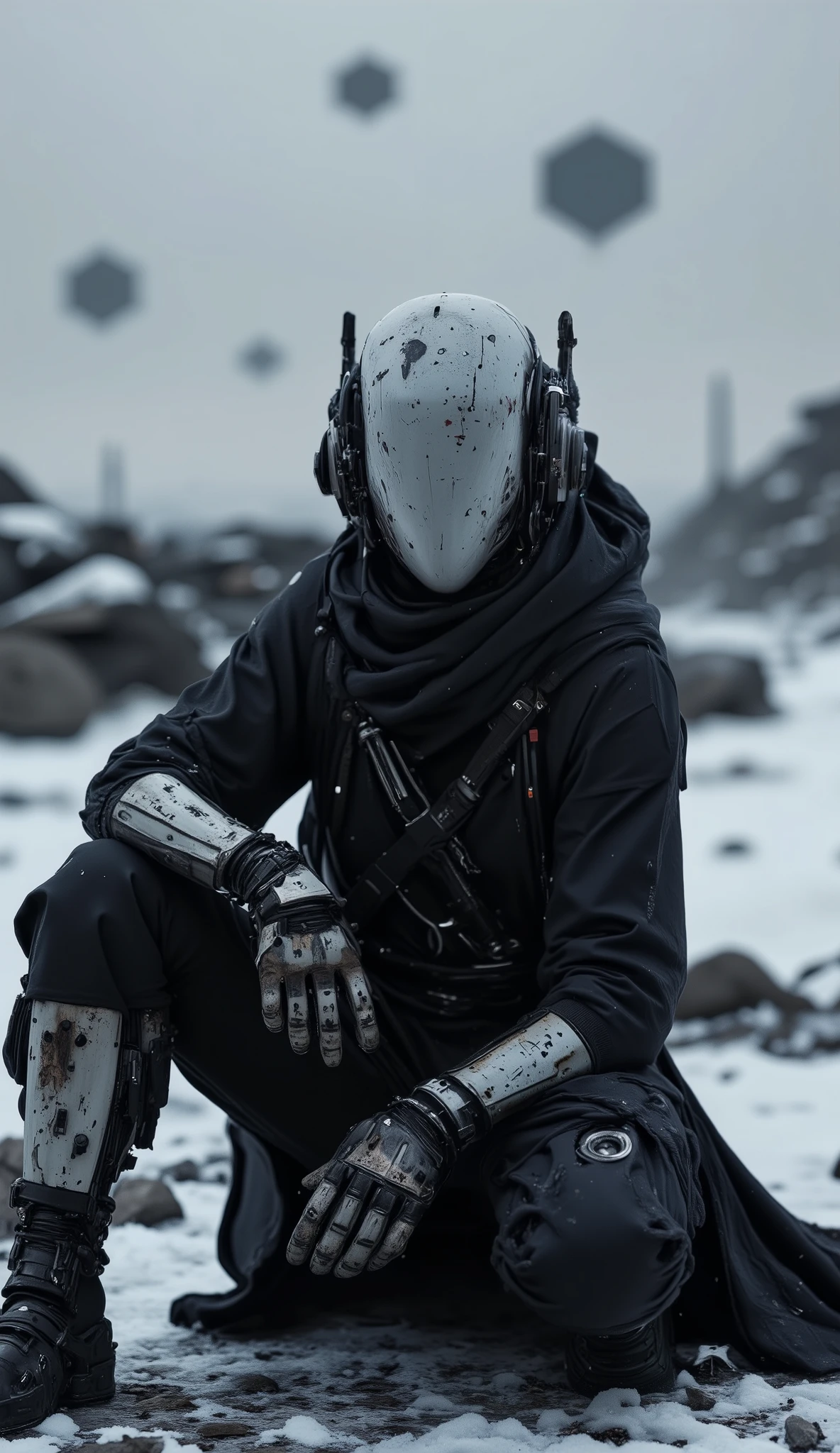 Recypu style, Cyberpunk highly detailed, high-resolution photograph. A futuristic, armored warrior crouching on a gritty, desolate snow-swept plain. The subject's head is covered by a sleek, metallic plain helmet that obscures the face, giving an ominous, robotic appearance. The helmet is adorned with various sensors and neon blue flux core lights flowing, suggesting advanced technology. The warrior's body is clad in a full suit of advanced, high-tech armor, primarily made of a mix of metal and synthetic materials. The armor is heavily detailed with intricate circuits, joints, and mechanical components, indicating advanced robotics and cybernetics merge in biomechanical system. The suit is predominantly black with hints of dark gray and silver, and it is adorned with various pouches, straps, and utility belts, suggesting a high level of tactical street wear gear. The warrior's left hand is extended forward, showcasing a complex, mechanical prosthetic with multiple fingers and advanced articulation. The right hand rests on the knee, also with a prosthetic that appears more organic, possibly biological. An hitech assault riffle with a camouflage pattern handle is sheathed on the warrior's back, adding to the military aesthetic. The background shows post-apocalyptical destroyed environment with blurred ruins, fog, dusk and ashes and some militar spaceships floating in the a gray sky, emphasizing the gritty, post-apocalyptic setting. The overall mood is intense and futuristic. sentinelbot. apoclypse. Stunning ultra high resolution, amazing cinemaatic atmospheric view, panoramic, low-lite, Computer generated, excessive realistic graphics of every textures, natural colors, 8k, cgi,