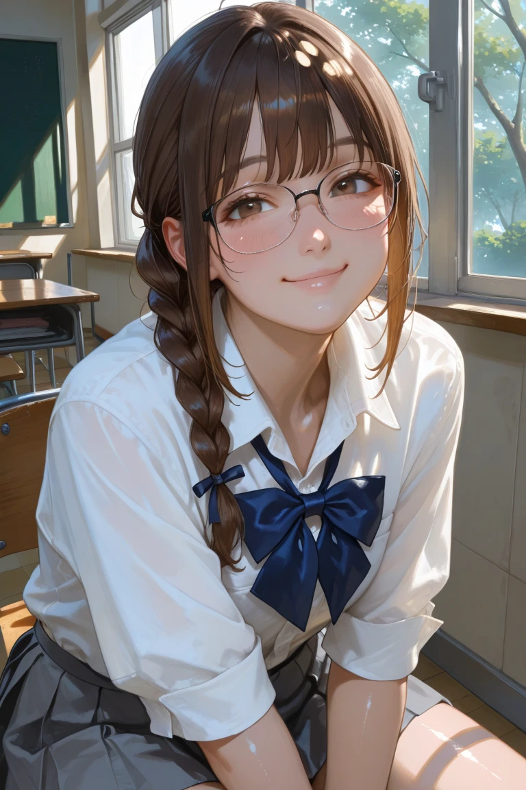 highest quality、Realistic、girl、Japanese、zoom、cute、classroom、Orange Eyes、Light Brown Hair、long hair、Off-white blazer、White blouse、Ribbon、Blue checked pleated skirt、Face close-up、thin、Small 、Pouting、freckles、Glasses、White headband