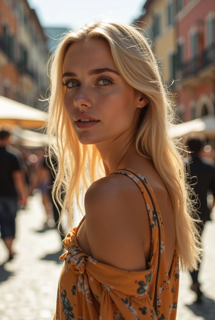 From side RAW, masterpiece, ((full body shot)), an ultra hot gorgeous European woman, her name is Elena alpha, age 23, green eyes, blond hair. She’s wearing a loose slip dress, at the busy market of Chiangmai Thailand , backlight, movie scene, Perfect anatomy, perfect hair, perfect breast, perfect body, perfect hands, perfect face, perfect eyes, accurate, anatomically correct, perfect clear and crisp focus, UHD, masterpiece, golden hour, Kodachrome