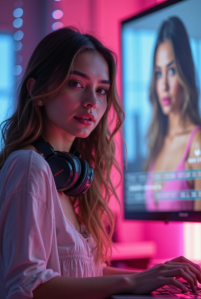 a woman wearing headphones looking at her phone, hot , perfect face template, strong chest, beautiful tan mexican woman, greek fantasy, wearing a sexy cropped top, live2d, red contacts, inspired by Bernard D’Andrea, everything in focus, deep fake, wearing a cute top, uncropped