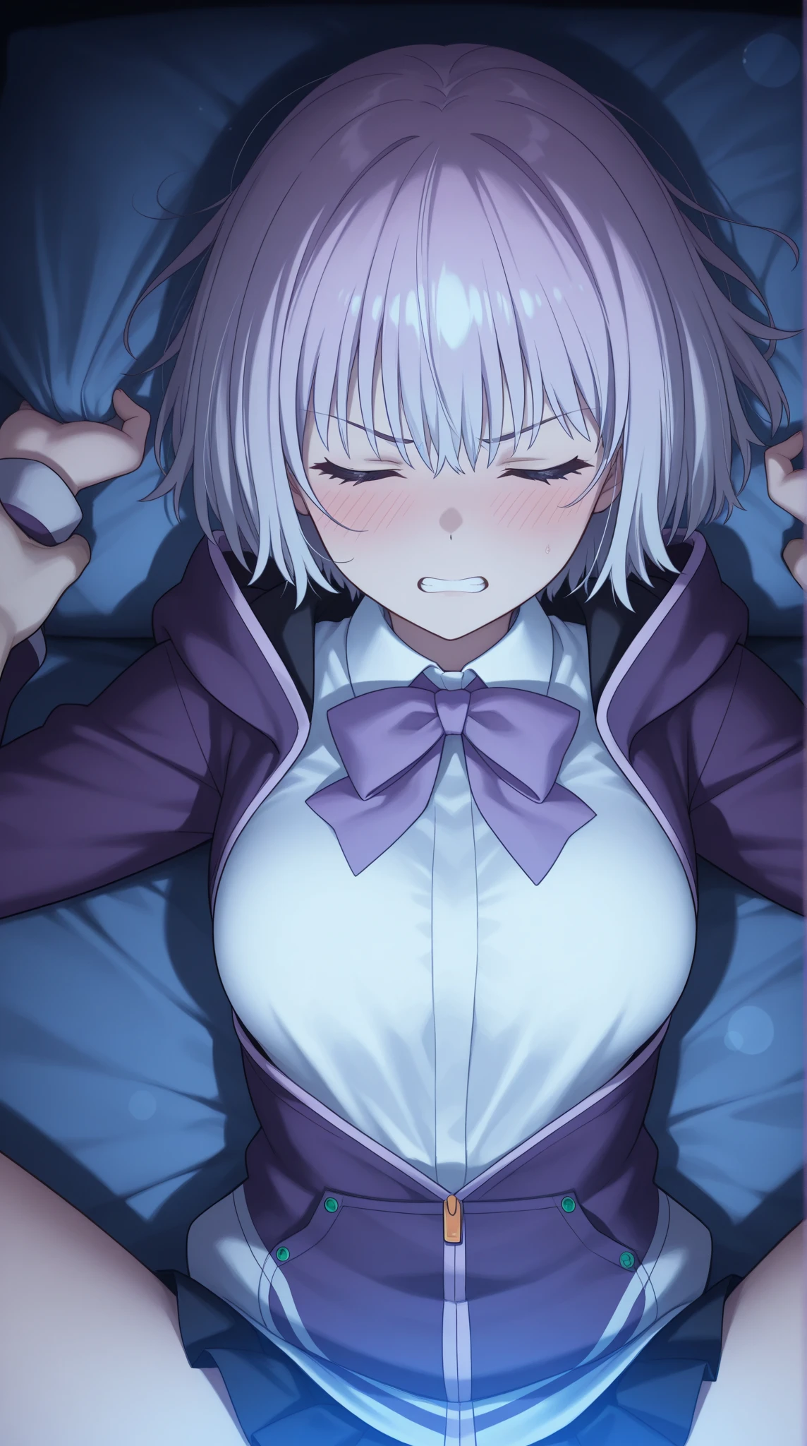 (masterpiece:1.2), best quality, high resolution, unity 8k wallpaper, (illustration:0.8), (beautiful detailed eyes:1.6), extremely detailed face, perfect lighting, extremely detailed CG,1girl,2man,shinjou akane, light purple hair, (pink eyes:1.2), short hair, BREAK indoors, city, BREAK looking at viewer, BREAK (perfect hands, perfect anatomy),NSFW、full body Esbian、embarrassed from、red blush、Colossal tits、hot, sweating, sweaty, tan, big boobs, tan skin, flustered,sex, having sex,man standing behind girl, man behind touching ass, grabbing ass, hip grab,cum on boobs,cum on ass,Black pubic hair,bitch_virgin,Large breasts,sex from behind, pov, doggystyle, all fours, back, from behind,large penis,gangbang,rape,milk shower,side view,side angle,(tears), (scary face),(sweat), (blush:1.3), smile, open mouth,on bed,(a large amount of used condoms scattered on the floor),spank hip,spank ass,sticking out the tongue,(LickingPenisQuiron pose),oral, fellatio, (large penis),Open mouth,cum on tongue,