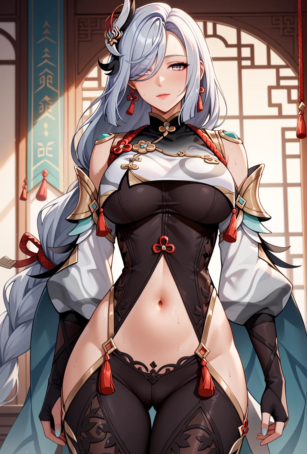animetoreal,soft light, masterpiece, best quality,high quality,delicate face, realistic,photorealistic,1girl,,shenhe_(genshin_impact), genshin_impact, 1girl, aqua_nails, black_bodysuit, bodysuit, breast_curtain, chinese_knot, clothing_cutout, covered_navel, earrings, gloves, grey_eyes, hair_over_one_eye, hip_vent, jewelry, long_hair, low-braided_long_hair, low-tied_long_hair, nail_polish, partially_fingerless_gloves, shoulder_cutout, tassel, tassel_earrings, toenail_polish, toenails, white_hair,,in kitchen,from below