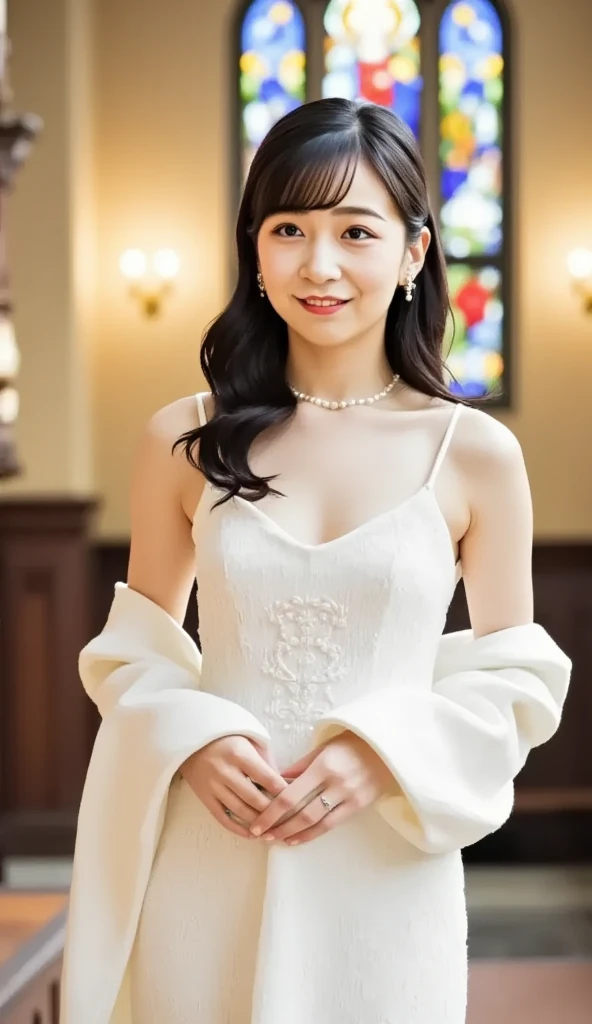 Beautiful 19 year old woman。She is wearing a classical dress for spring and summers that is dark tone color dress with many frills. She is smiling on illuminated by the evening church lights . romantic sunset. her dark brown hair. High resolution、masterpiece、highest quality、頭w:1.0、((Hasselblad Photos))、fine skin、(movie lighting)、clavicle . full body picture.
