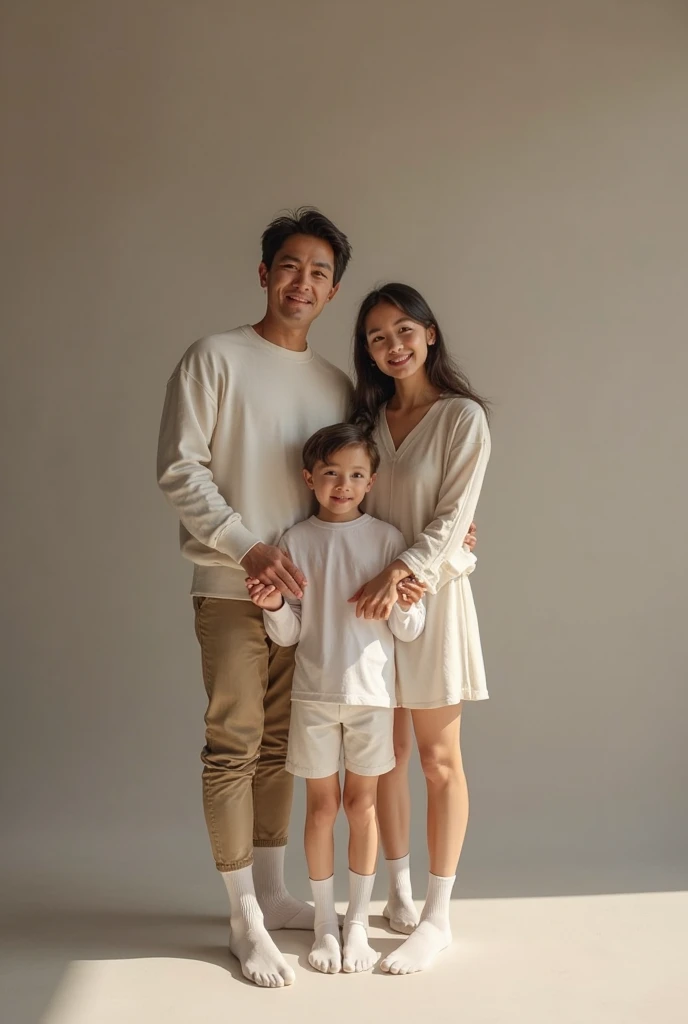 Indoor portrait, Indonesian couple, a 40-year-old man with very short cut hair, a 40-year-old woman with long straight brown hair, and a 1-year-old baby boy. Hug pose, both wearing casual cream outfits, the man is standing and the woman is sitting on a tall wooden chair. The background is a white studio photo with minimalist decoration and fresh colors, in 8k resolution. 
