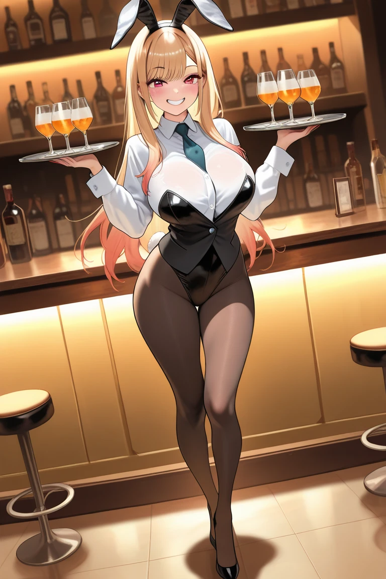 Best quality, massive breasts, massive ass, very curvy, dark brown skin, long blond hair, yellow eyes, slutty, gyaru, full lips, seductive, embarrassing, embarrassed, hot, sweating, sweaty, slight tan, big , tan skin, flustered, blush, buny suit, bunny suit, black hair, ponytail, bunny girl, black suit, fishnet stockings, hot, in bar, plump, fishnet stocking, club, playbunny, embarrassed beet red cheeks, liquor, bar, beer, blonde hair, brown skin, dark skin,