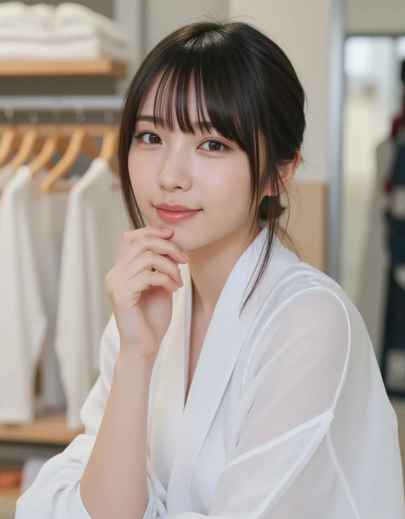 there is a woman that is sitting down with a cell phone, sakimichan, shikamimi, Yoshitomo Nara, Chiho, sakimi chan, 8K selfie photo, Cute girl - well-groomed face, face of young cute asian man, twin tails、deayami kojima, cute - well-groomed - face