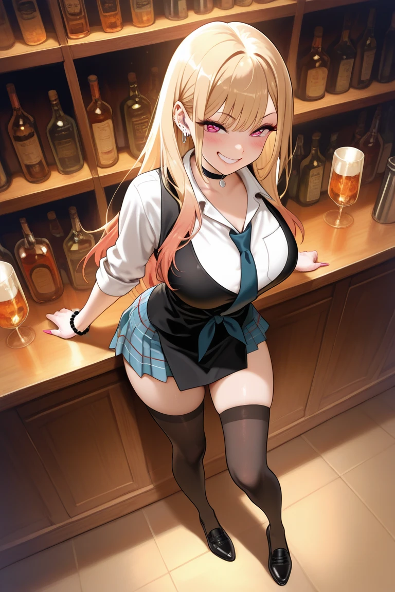 (from above:1.2),(from front:0.9), ((Face)), (Close-Up:0.4), masterpiece,"A 26-year-old girl stands at a bar counter. She is dressed in a stylish off-shoulder dress, sweater dress, off-shoulder sweater, red sweater,garter stocking, cleavage:1.1, midriff, black shorts, black thighhighs, thigh strap, pretty girl, (highly detailed beautiful face and eyes,firm breasts),real skin,((black,hair,long pony tail hair)),thin pubic hair,cute and lovely pose, detailed eyes, This masterpiece is only visually stunning but also tells,(double breasted:0.6,under bust:0.6),(with sparkling eyes and a contagious smile),open mouth, The bar is beautiful, with colorful bottles of alcohol in the background and a soft glow from neon lights. The atmosphere is relaxed, and the girl looks confident and fashionable.",full body, sexy pose,make a cocktail , in a bar counter, Looking at Viewer,