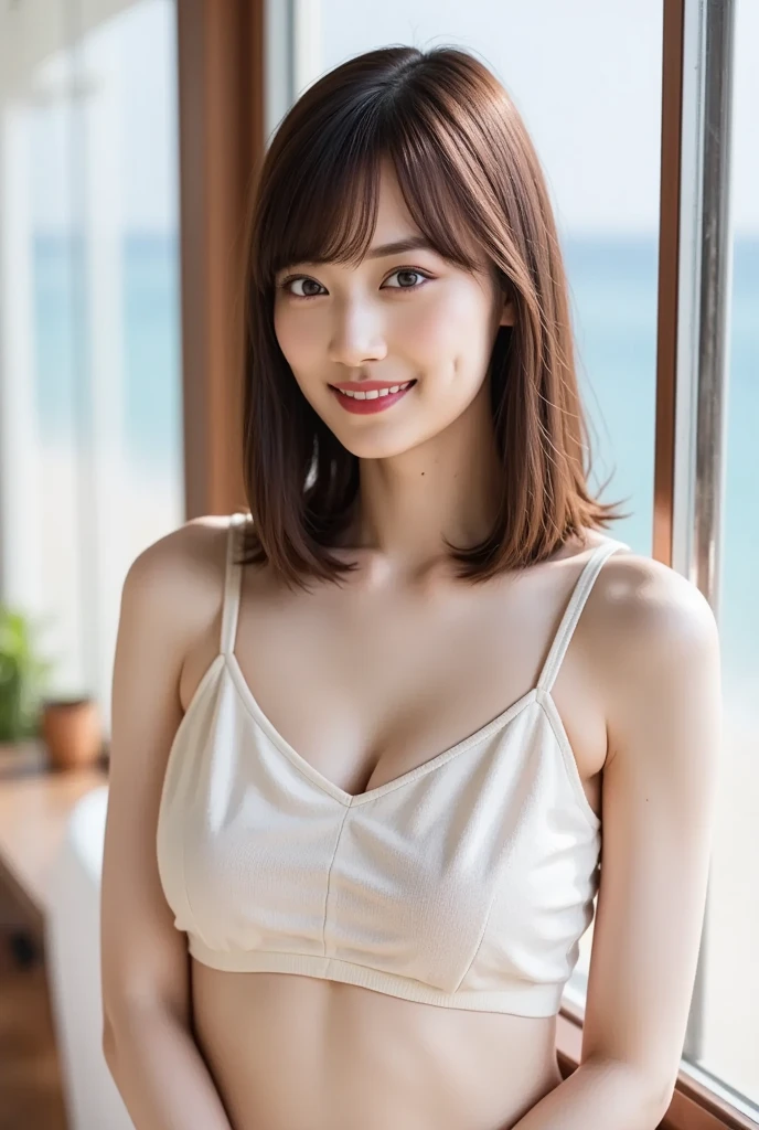 ((Realistic Light, Highest quality, 8k, Tabletop: 1.3)), 1 girl, (Orgasm Facial), Slim body beauty: 1.4, Brown Hair, (Orgasm Facial), (((Extra Large: 1.3)), Off-the-shoulder cut top: 1.3, Highly detailed face, fine grain, double eyelid, My Room, smile, Cleavage, Saggy breasts, (((beauty of Saggy breasts))