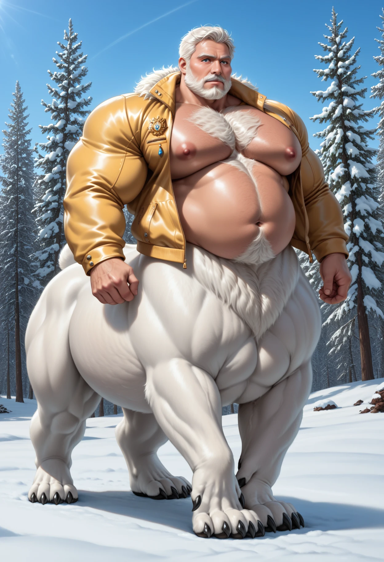 (by Taran Fiddler, by Chunie, by darkgem), centaur, solo, alone, old, medieval town, male, grandpa, big hooves, white fur, white hair, white legs, white body, man bun, anatomically correct centaur, docked tail, cropped tail, human face, human nose, human eyes, horse ears, wide equine hips, thick thighs, elderly male, face wrinkles, mustache, facial hair, thick eyebrows, blue doublet, burn scars, fingerless gloves, full body, rolled up sleeves, tall, strong legs, Flynn rider, beard, lower obliques, lower abdominal muscles