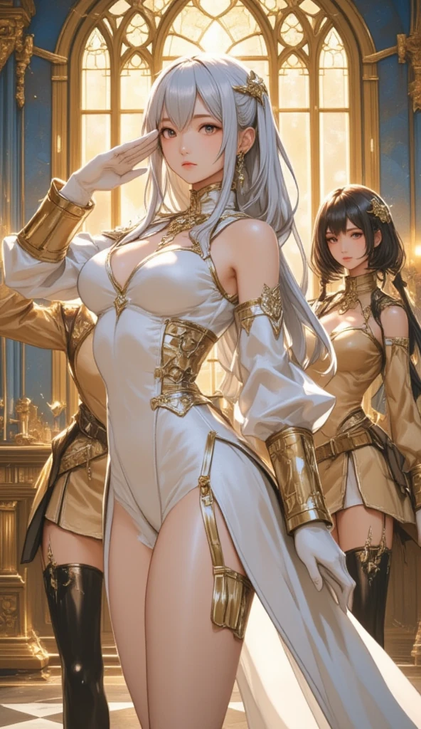 Simple Background、((masterpiece))、Fantasy look、Portrait、Standing posture、Full body photo、Beautiful woman(perfection)、Blonde、Black Hair、White Hair、Long Hair、Straight Hair、Science fantasy uniforms、futuristic 、Open-minded uniform(detailed)、(Vulgar expressions)、High heels、Big Ass、Accentuated hips、Long skirt、Open crotch、Large Breasts、Disheveled uniform、Nasty uniform、Uniform with exposed chest(detailed)、Exposed breasts、Nipples、(桃色のNipples:1.9)、Exposed breasts、20-year-old