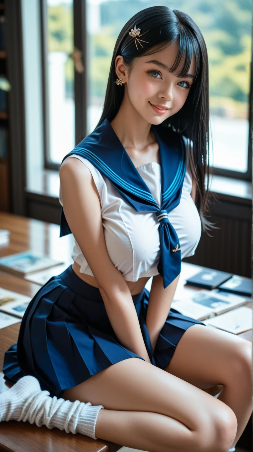 1 Sexy girls having sex with 1 male in the school library, sailor style uniform, innocent face, thick flowing dark twin tails with bows, pigtails, bangs, (((black hair)), big hoop earrings, bracelets, ring in septum of nose, satin choker with heart pendant, candy necklace, classic blue and white sailor uniform,  long thick wavy black hair with bangs, bangs hair, skimpy pleated skirts and crop tops, the girls rub their pantyhose crotches on his dick and thigh, female with guy in library, pantyhose covered cameltoe rubs penis, skimpy sexy outfits with ultra shiny pantyhose, straddle and ride cock on top of table in library, POV cowgirl, front of female riding cowgirl visible with perky cleavage and nice body, (((penis goes inside her pantyhose crotch))), their vaginas are visible through their flesh colored pantyhose crotches, UHD, photorealistic