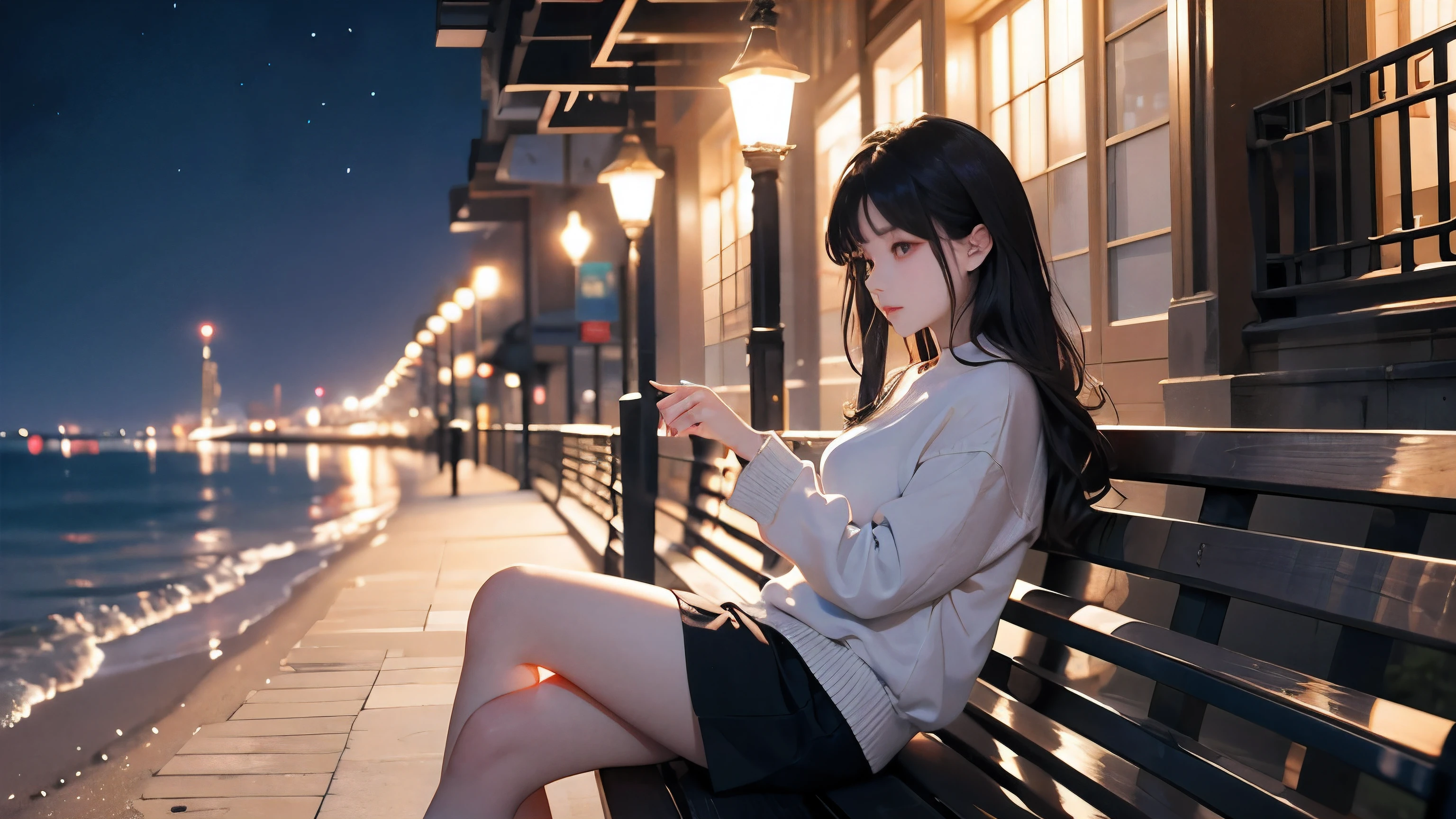 She is sitting on a park bench on the seashore at night　I'm touching the ring on the ring finger of my left hand as if spinning it with the index finger and thumb of my right hand  

