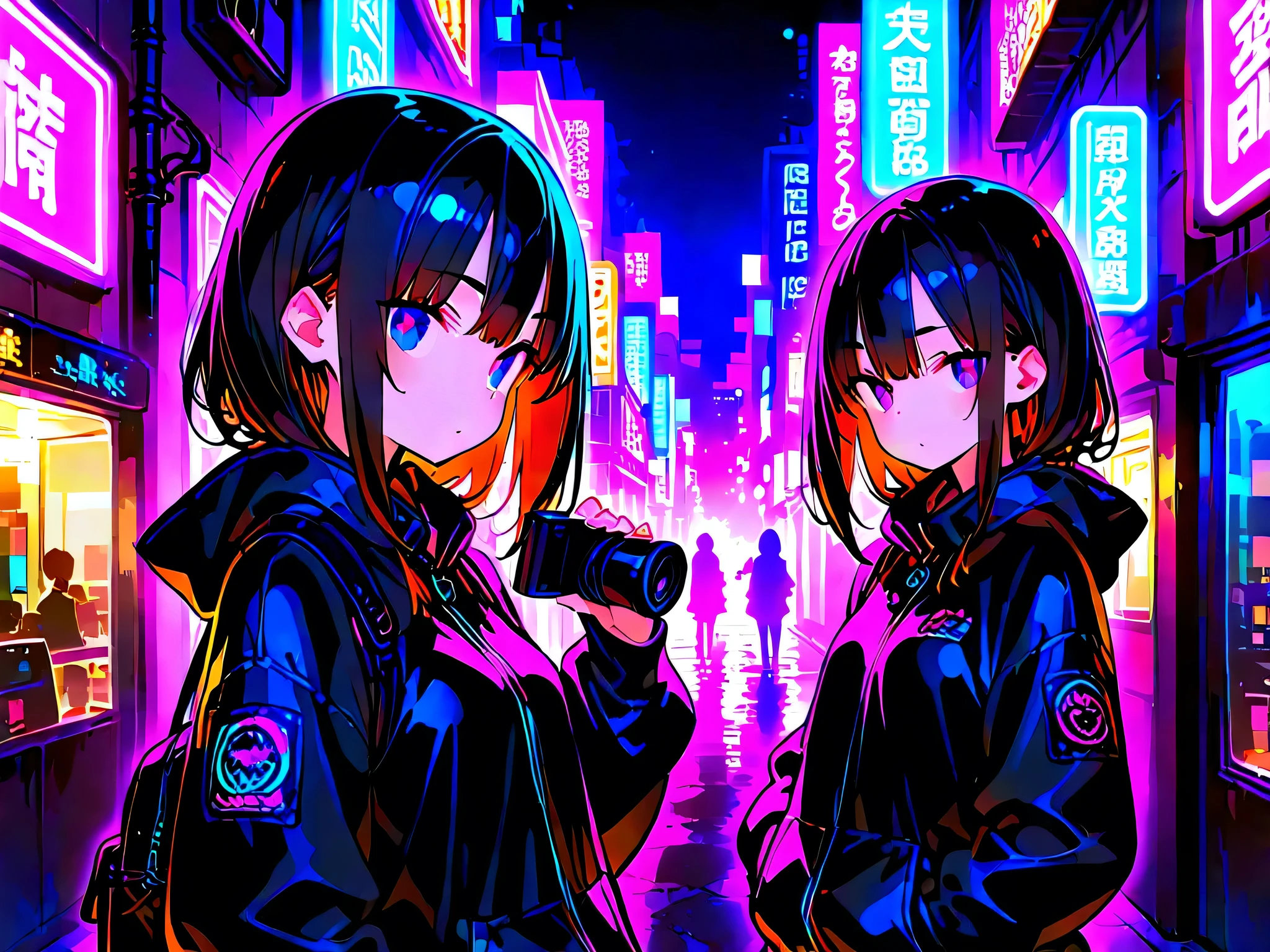 ,City with dazzling neon lights,,Japanese-style girl with dark hair,Cinematic scenery,perfection,Masterpiece,Photographer,8K,HDR,extreme details,Professional,Vivid Colors,Bokeh、Overlooking the neon town from a hill、cute girl
