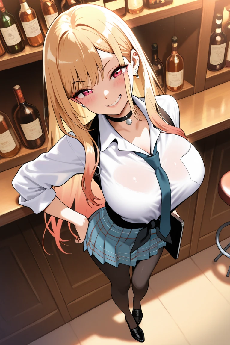 score_9, score_8_up, score_7_up, source_anime, KitagawaMarin, 1girl, ((obesse)), ((morbid obesity)), ((belly stuffed)), ((provocative)), ((very drunk)), ((staggers)), ((agitated)), ((provocative)), upper teeth only, multicolored hair, long hair, magenta eyes, ear piercing, earrings, pink nails, makeup, MarinSchool, bead bracelet, black choker, neck bell, ring, collared shirt, ((white shirt unbuttoned at the bottom)), short sleeves, blue necktie, plaid skirt, ((blue skirt)), ((lift her skirt)), tied shirt, looking at viewer, ((has a stomach ache)), ((shows her naked breasts)), a person looks at her