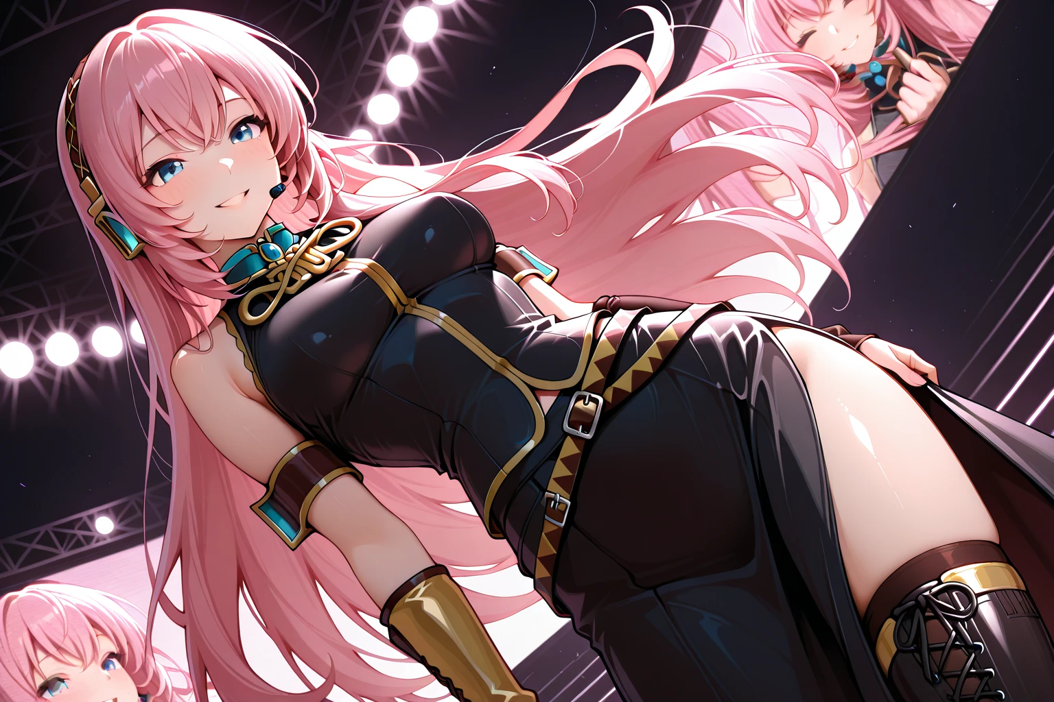 Masterpiece, Professional, High Definition - quality, sharp focus, perfect artwork, Best Illustration, trending on artstation, UHD, 4k, full body, NSFW
NeneEfthyVT, yellow eyes,hair covering right eye, long hair, pink hair, (gold eyes) ,tight little skirt, nipple stickers , pantyhose mesh,(mesh:1.3),big breasts ,medium thighs, medium ass,angle from behind ,exposed ass, exposed pussy