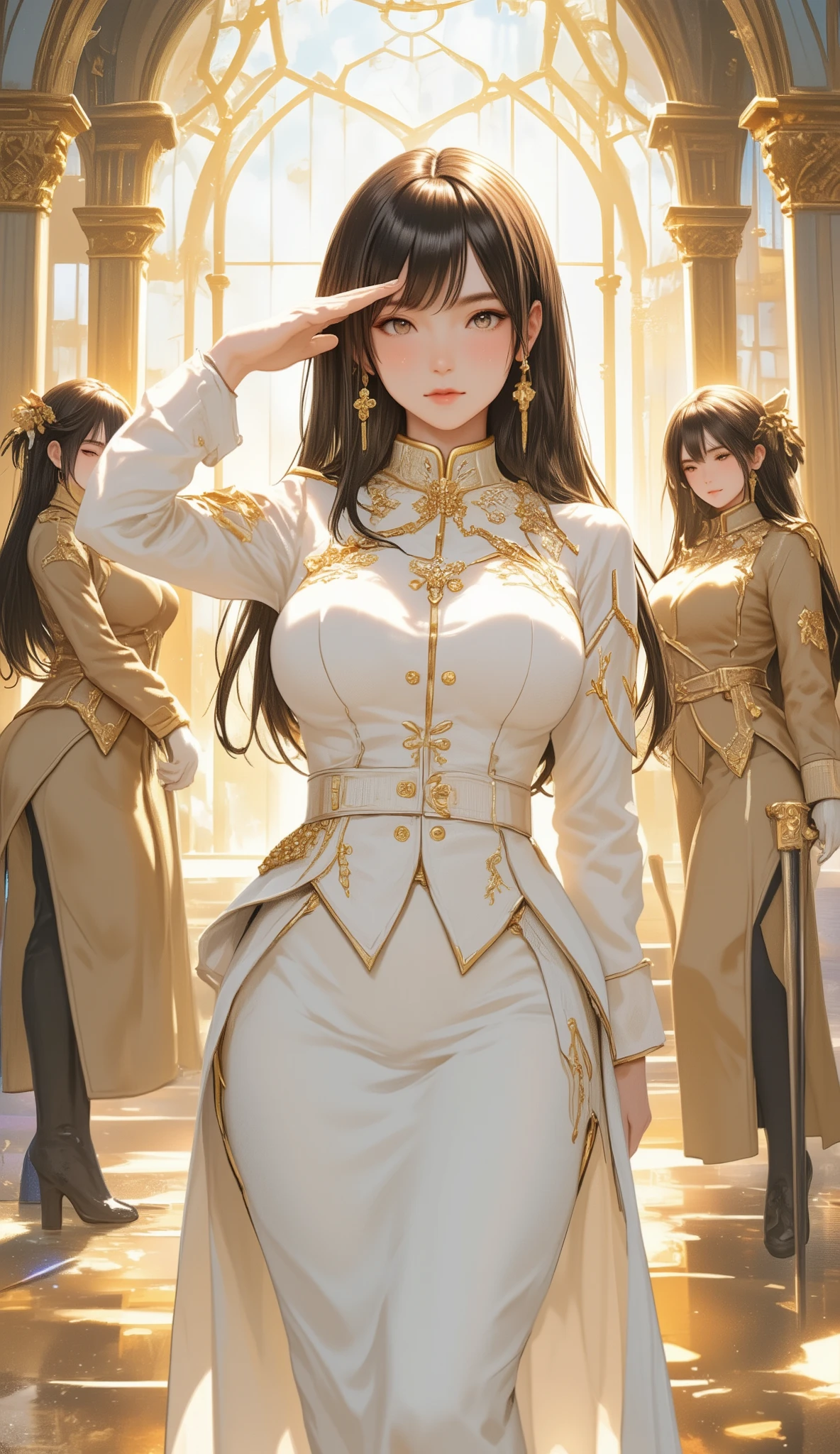 concept art for a fantasy video game package, heavily inspired by Yoshitaka Amano's signature art style, emphasizing delicate and graceful ink linework, flowing and organic curves, ethereal, surreal and dreamy composition with faint sensuality, soft pastel colors with subtle iridescent glow and metallic gold and silver accents, elegant negative space and asymmetry, minimalistic yet ornate details, extremely voluptuous and busty female general with impossibly large, I-cup or larger bust prominently emphasized, wearing majestic white military uniform with elaborate gold embroidery, tightly clinging fabric barely containing her massive breasts, beautifully decorated ceremonial saber hanging elegantly at her waist, standing proudly at center with serene, proud and slightly seductive expression, surrounded by few elite female soldiers also with impossibly large, I-cup or larger busts, in heavy khaki ornate military uniforms clinging tightly to their curves, performing elegant salutes near their foreheads with serious yet graceful expressions, mystical golden and silvery light filtering through stained glass in the majestic palace, soft wind lifting hair and capes, ethereal, serene yet faintly erotic mood, ultra detailed, fine art, no logo, no text