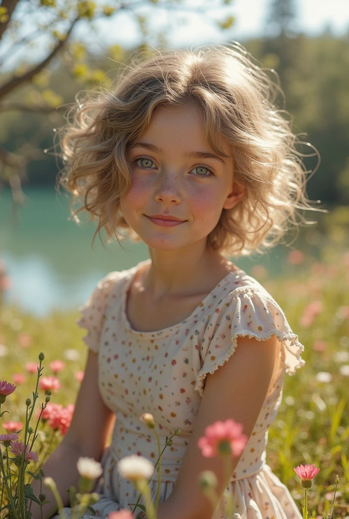 girl child blonde curly hair vintage, background green, ultra realistic, 8k