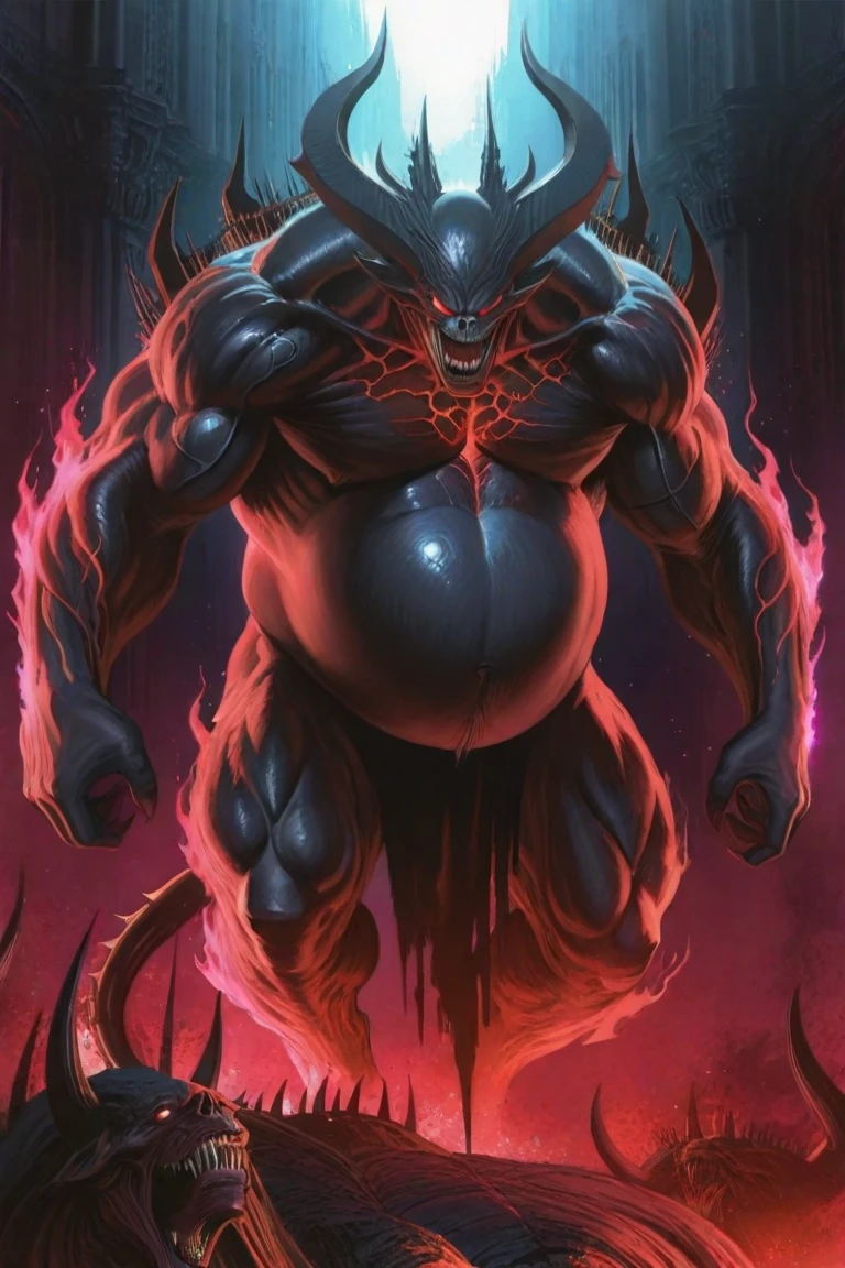 a gay vampire, upright, huge and full bloated stomach, hungry, muscular, strong and fleshy upper body, belly focus, ultra detailed, looking upwards, very tall FROM ABOVE, ultra detailed, realistic, muscular intestine, sharp focus, vivid colors, motion lines, Size compared with a man beside. Show the full body including the belly