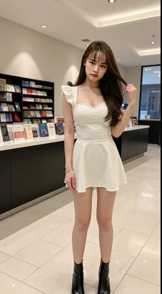 (8k、RAW Photos、Highest quality、masterpiece:1.2)、(Realistic、Realistic)、1 person、((black and white、Cleavage、leather、Medium Hair、Garter Ring、mini skirt、Thin legs、whole body、boots、View from the front、Looking into the camera、White Room、Stand with hands on hips))、cute