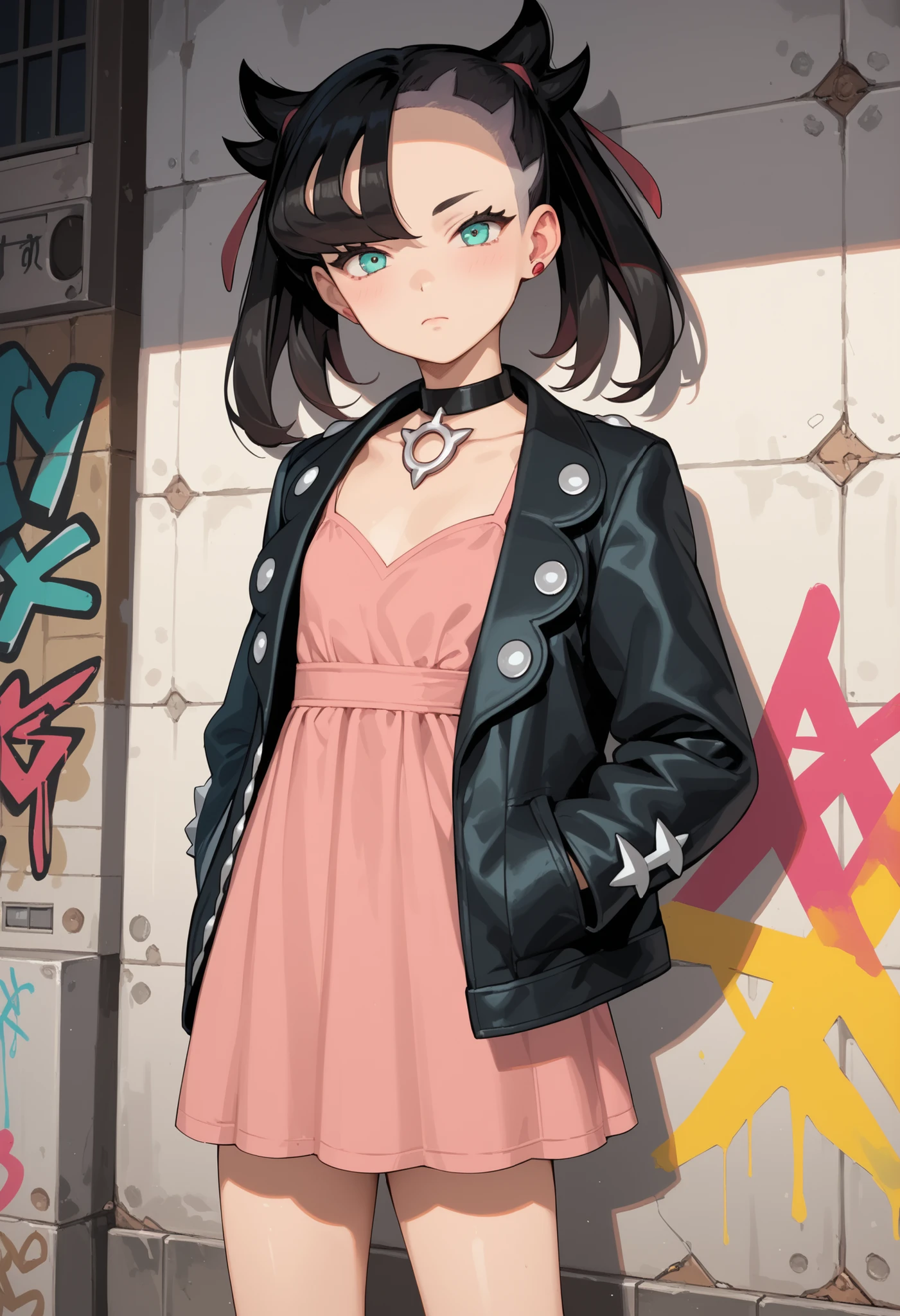 Score_9, score_8_up, score_7_up, score_6_up, source_anime, rating:general, 1girl, Marnie, black hair, twintails, perfect eyes, aqua eyes, perfect face, pale white skin, flat chest, black jacket, short pink dress , slender build, slender legs, dirty alleyway, sunshine, graffiti, 8k quality, vivid colours, masterpiece, moody atmosphere