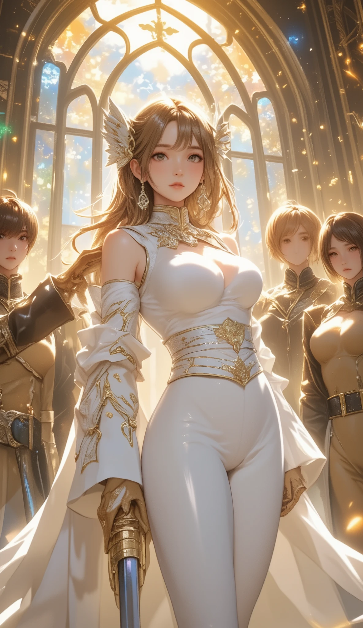 concept art for a fantasy video game package, heavily inspired by Yoshitaka Amano's signature art style, emphasizing delicate and graceful ink linework, flowing and organic curves, ethereal, surreal and dreamy composition with faint sensuality, soft pastel colors with subtle iridescent glow and metallic gold and silver accents, elegant negative space and asymmetry, minimalistic yet ornate details, extremely voluptuous and busty female general with impossibly large, I-cup or larger bust prominently emphasized, wearing majestic white military uniform with elaborate gold embroidery, tightly clinging fabric barely containing her massive breasts, beautifully decorated ceremonial saber hanging elegantly at her waist, standing proudly at center with serene, proud and slightly seductive expression, surrounded by few elite female soldiers also with impossibly large, I-cup or larger busts, in heavy khaki ornate military uniforms clinging tightly to their curves, performing elegant salutes near their foreheads with serious yet graceful expressions, mystical golden and silvery light filtering through stained glass in the majestic palace, soft wind lifting hair and capes, ethereal, serene yet faintly erotic mood, ultra detailed, fine art, no logo, no text