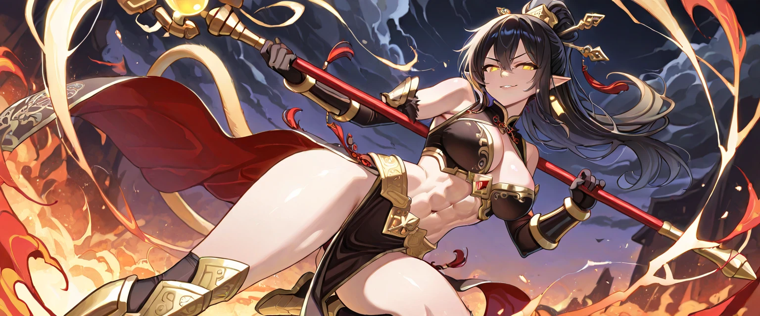 Female, Anime, Heterochromia, Melinoë from Hades II, black long hair, ponytail, greek style toga, "red eye on black sclera", small bust size, "yellow eye on white sclera",