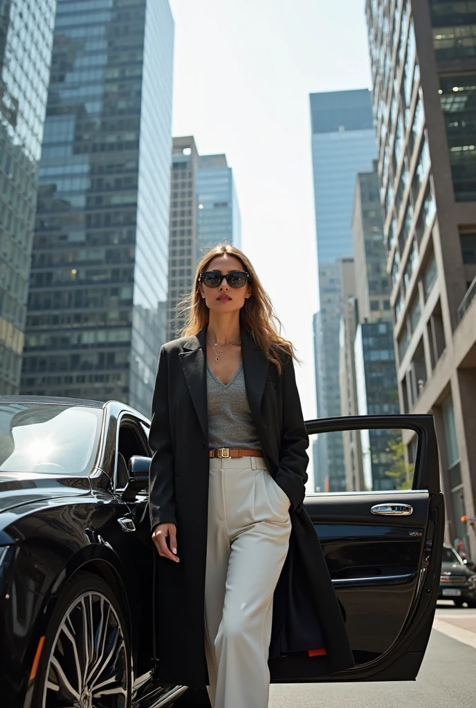 a blonde model walking under a new york taxi wearing a white fur coat, sunglasses, traffic is chaos and she is in downtown new york