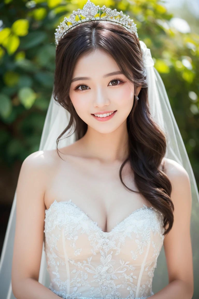 (1girl), ponytail, Extremely cute face, Amazing face and eyes, (Highly detailed eyes, Highly detailed face), fresh, Very clean appearance, (Hyper-realistic, hight resolution), (Best Quality:1.4), (hyper quality), Authentic skin texture, Raw photo, (Realistic, Photorealsitic:1.37), highly detailed, Professional Photography, (beautiful lace bridal dress:1.5), (lace bridal dress with open front), (cleavage:1.2), (Bare shoulders), Smile slightly, (Staring at me), girl portrait, outdoors, Spring, cherry blossom season, 