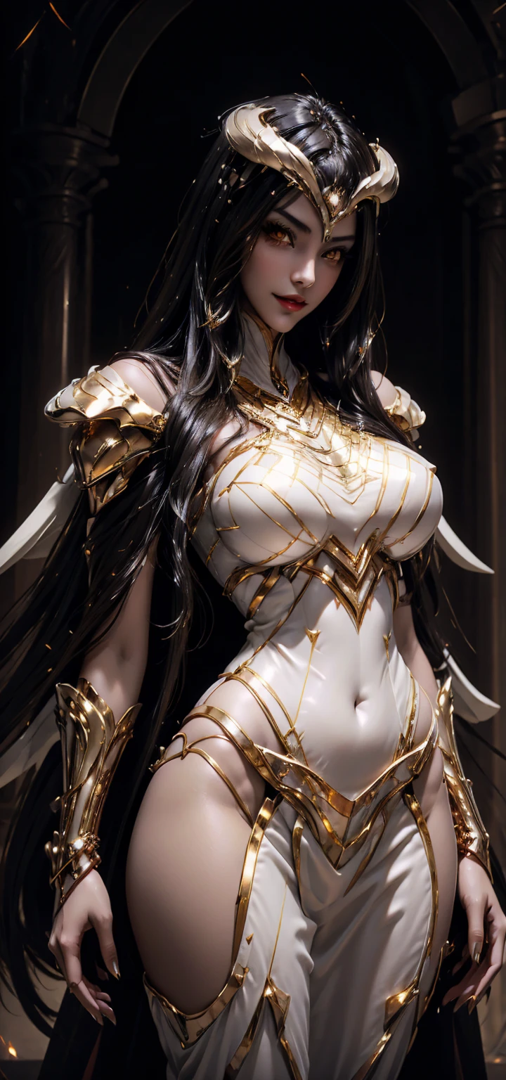 1girl, depth of field, official art, unity 8k wallpaper, ultra detailed, illustration, beautiful and aesthetic, masterpiece, best quality, knight, (big breasts), (milf, mature female), (black armor, armor, breastplate), beautiful face, (long hair, black hair,  very straight hair:1.4, hime cut:1.4), blue eyes, cowboy shot, glowing skin, back lighting, athletic figure, muscular female, curvy, wide hips, colorful, looking at viewer, Hyperrealistic, gradient background, dark background, outline, fantasy, from the front, watercolor, traditional media, (chromatic aberration, intricate details)