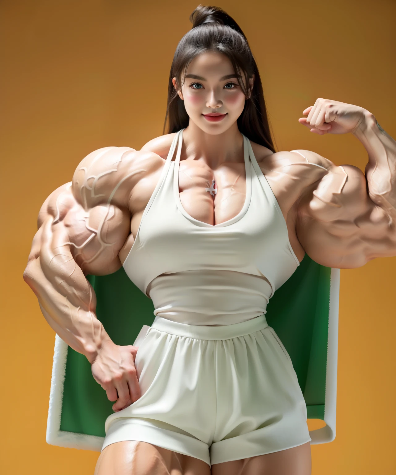 (Muscular:1.7), (large round breasts:1.4), (large muscular chest and shoulders:1.1), FEMALE, brown hair, long brown hair, (big smile:1.6), (wearing a tight shirt and shorts:1.5), looking at viewer, (three quarter view:1.2), upper body view, (gym:1.5), dark lighting, detailed skin, detailed eyes, (clean skin:1.5), (very thin waist:1.3), (huge body muscles:1.7), (one protagonist:1.5), (arms crossed:1.6),