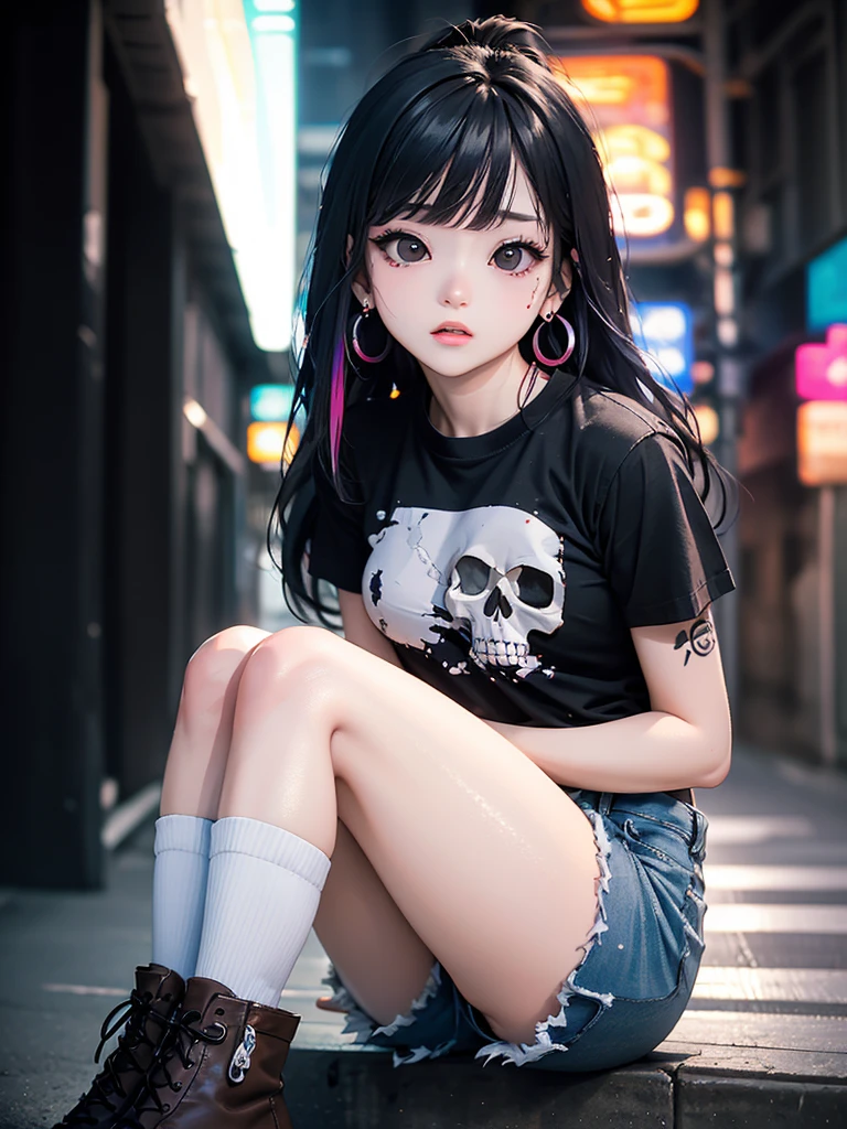 (best quality, masterpiece:1.3), 1girl,  (emo girl, piercing:1.3), fishnet Stockings, latex shorts, sitting, tattoo, long hair, night, street,