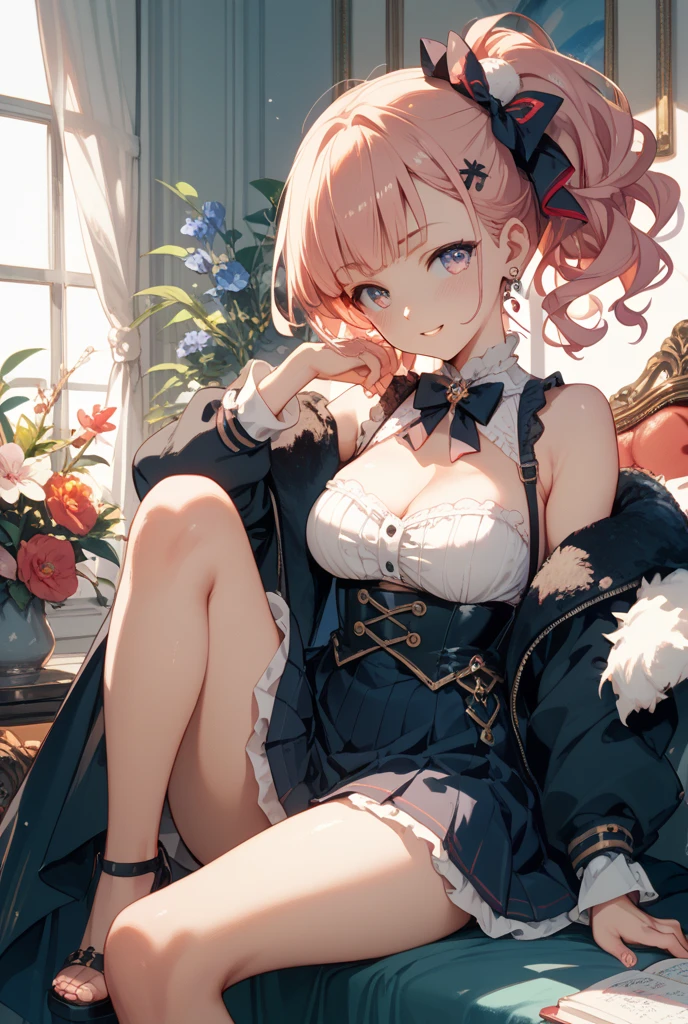 Facial expression, grimace, blonde hair, blue eyes, pink dress, frills, big thighs, (breasts), cleavage, oily skin, navel, (white socks: 1.2)