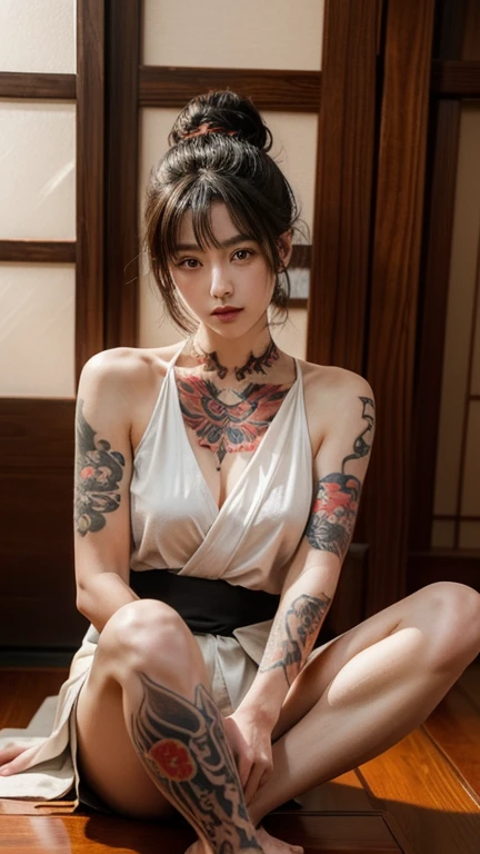 Beautiful Chinese woman, (), pretty face, red lips, white moisturized skin,
BREAK,
Athletic feminine body, Female fitness model body, Hard-toned feminine body, (muscles: 1.2), (beautiful navel),
BREAK,
Mixed martial arts, Kung fu, Idol,
BREAK,
(Wearing cute Japanese clothes: 1.3), Red high heels, Necklace, Earrings, Short length,
BREAK,
Short hair, (Bob hair), (Bangs: 1.2), (Rainbow hair), (Wavy hair),
BREAK,
(Holding a very large automatic rifle in her hand, Finger on the trigger of an automatic rifle, Standing with a very large automatic rifle, Raising a very large automatic rifle: 1.4), (Getting into a fighting position),
BREAK,
(Large tattoos all over her body, 80% of her body covered in Japanese tattoos: 1.4),
BREAK,
Masterpiece, Perfect lighting, Ultra high resolution, 8K, (Very detailed: 1.4), Front view, Looking at camera, Melancholic expression,
BREAK,
(Tokyo city, many people in background), Tokyo city background,