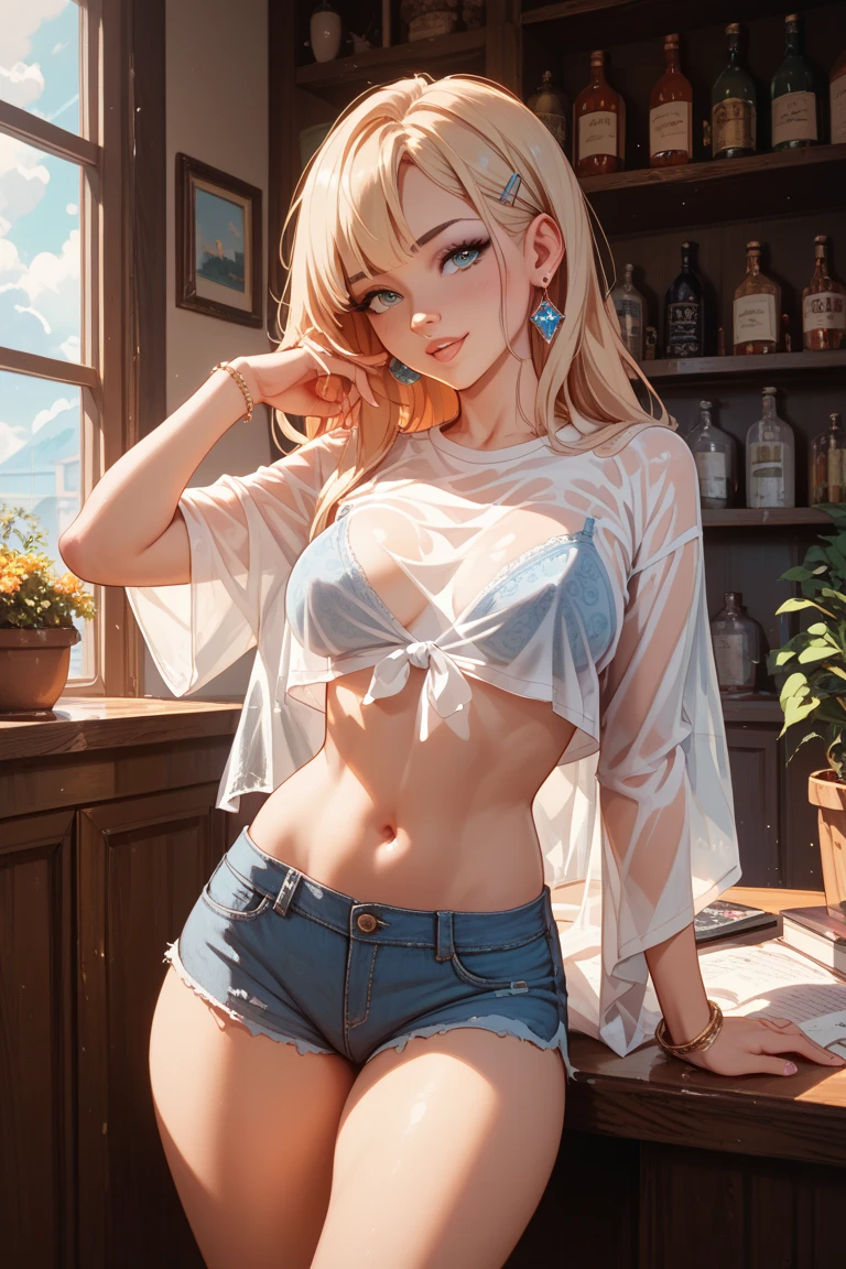 Masterpiece, high quality, 8k, ultra detail, 1 girl, ((luminernd)), blush, standing, (large breast), cleavage, (micro bra:1.3), ((night)), off shoulders, (shorts jeans), ((armpits poses))