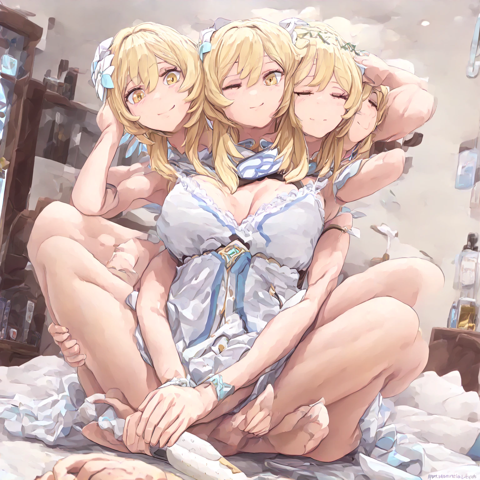 Texture CG, ((Ultra Detail Art)), ((master piece)), (extremely details CG),Multiple girls,3girls,harem ,lying ,nsfw ,ragnarokarch, sexy gal , gyaru,beautiful breasts, beautiful legs,(from below:1.2), show off panties ,panty shot, wind lift ,((string panties),(sexy tiny sharp white and satin panties)),clothy_aside, clothing aside, clothes lift, pelvic curtain,(((White Puff Sleeves))), white thigh thighs, Gold Sash ,White blue dress from neck to chest, cleavage cutout, Long blue skirt with slit, (Blue Wide Sleeve), (Blue Dress Short Front), long hair, blonde hair, pink hair, silver hair, Curve, Beautiful detailed eyes , gleaming skin, open mouth ,light smile, embarrassed:1.4, outsides ,clear sky, in summer ,windy ,garden,