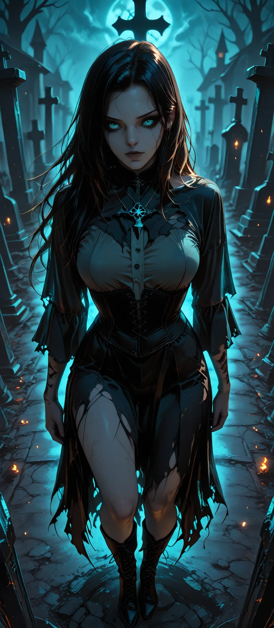 a 200-year-old witch with long black hair,a powerful villain,magic flowing from her hands,dark mysterious aura,eerie green glowing eyes,tattered black robe,skeletal fingers,gnarled hands,haunting atmosphere,dramatic lighting,cinematic composition,dark fantasy,supernatural,highly detailed,photorealistic, big round breasts, sagging breasts