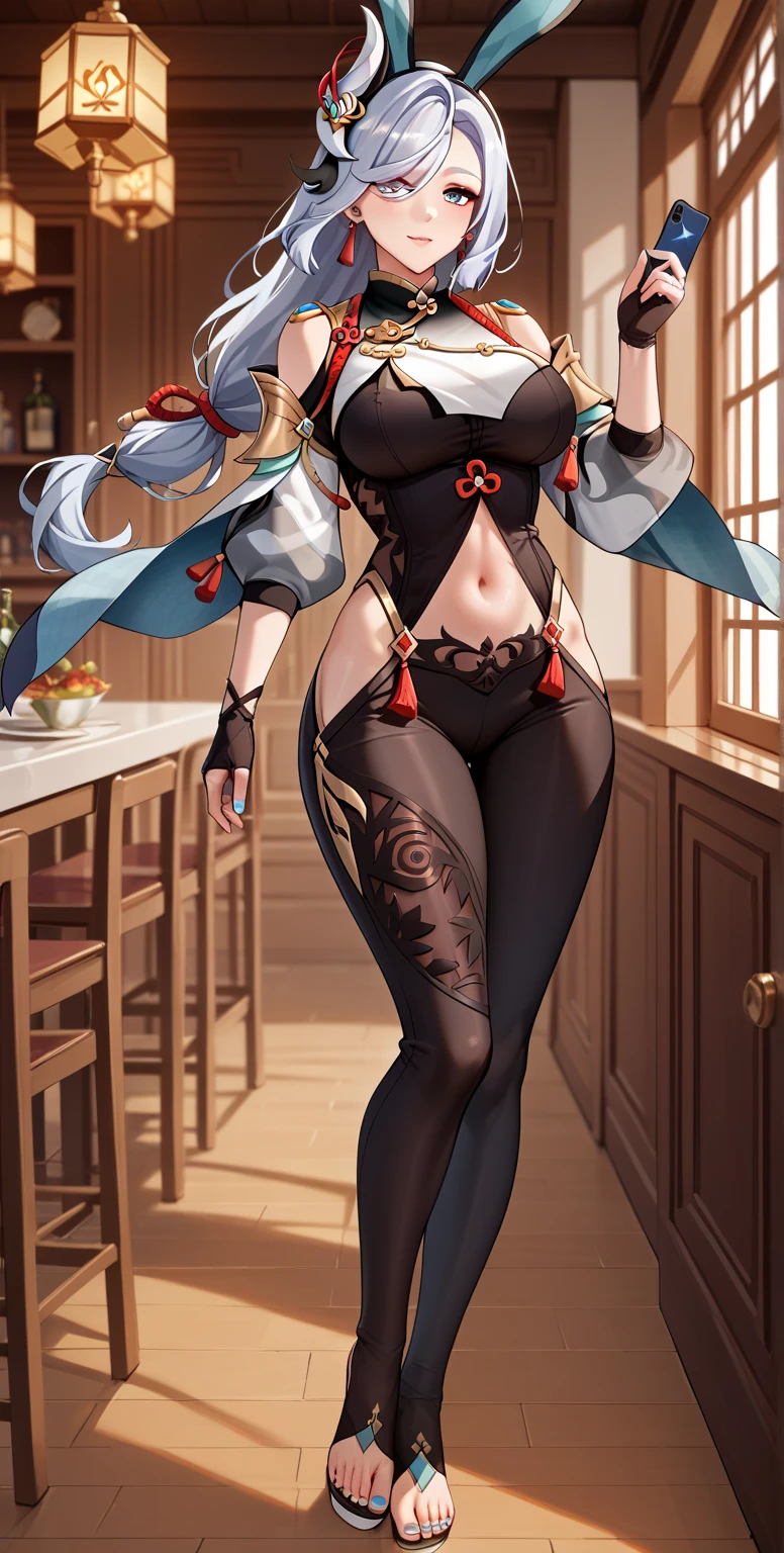 absurd, 8k, high resolution, ultra detailed, vivid colors, wallpaper, perfect lighting, beautiful skin, perfect shadows, beautiful eyes, detailed eyes, detailed face, beautiful face, masterpiece, best quality, detailed clothing, full body , you can see the girl's entire body, shenhe genshin impact, tall woman, face with a tender and embarrassed expression, she is in a kitchen, huge breasts, oppai, huge thighs