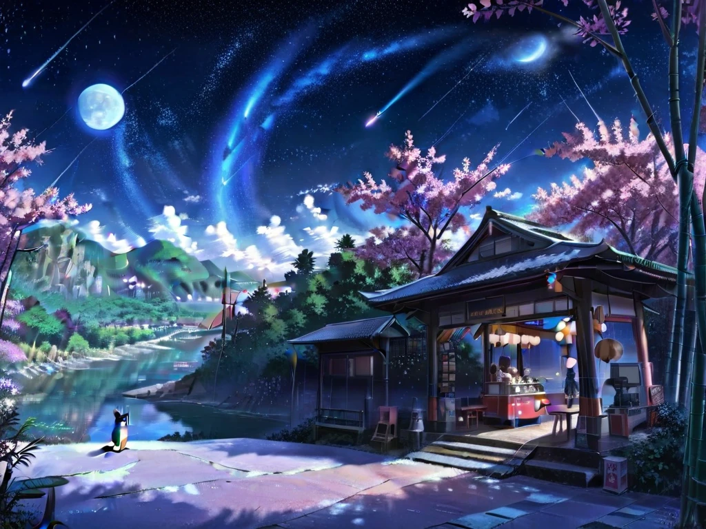 (fantasticなscenery,Night Sky,stardust, shooting star),(Japanese,bamboo forest,Sakura Fubuki,日本culture),(Future City,neon,Cyberpunk,near future),(animal,cat, owl under guard,Wolf,Ecology ),(fantastic,magic,Fairy, Mystery),(scenery,coastal,snowy mountains, lakeside,Natural Beauty),(vehicle,Old train,airship,Bike,adventure),(Character, women in kimonos,samurai,Juvenile Detective,character),(emotion,joy,Loneliness,Expectations,Narrative atmosphere),(food,Dumpling,coffee,Japanese sweets,culture)  
