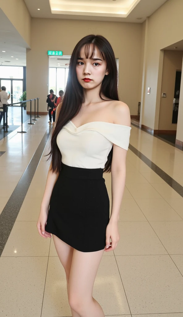 A girl around 31 years old，simplicity，Extremely beautiful and delicate，(light make-up)，black color hair，A sweet smile，Delicate and beautiful fair skin，Realistic and realistic，exquisite and complete facial features，Detailed depiction of the face，tall nose bridge，Red lips，Beautiful, gentle and beautiful girl，Smooth hair，Extremely delicate hair，Feminine temperament，Fill your face light，hyper realisitc，photorealestic，8K quality，extremy detailed，Realistic details，Works of masters，Realistic to the extreme，big breasts body，Beautiful，Pure desire，Stunning beauty，Peerless beauty，Highest image quality，8K分辨率，goddes，ssmile，Fine facial features，Hair over the shoulder，A brown-haired，Large long thick legs，(((High-waisted French top)))，(((short  skirt)))，rays of sunshine，facing at camera，The body is well-proportioned and firm，Gentle eyes，exposing thighs，stand posture，Stand inside the mall，Full body photo