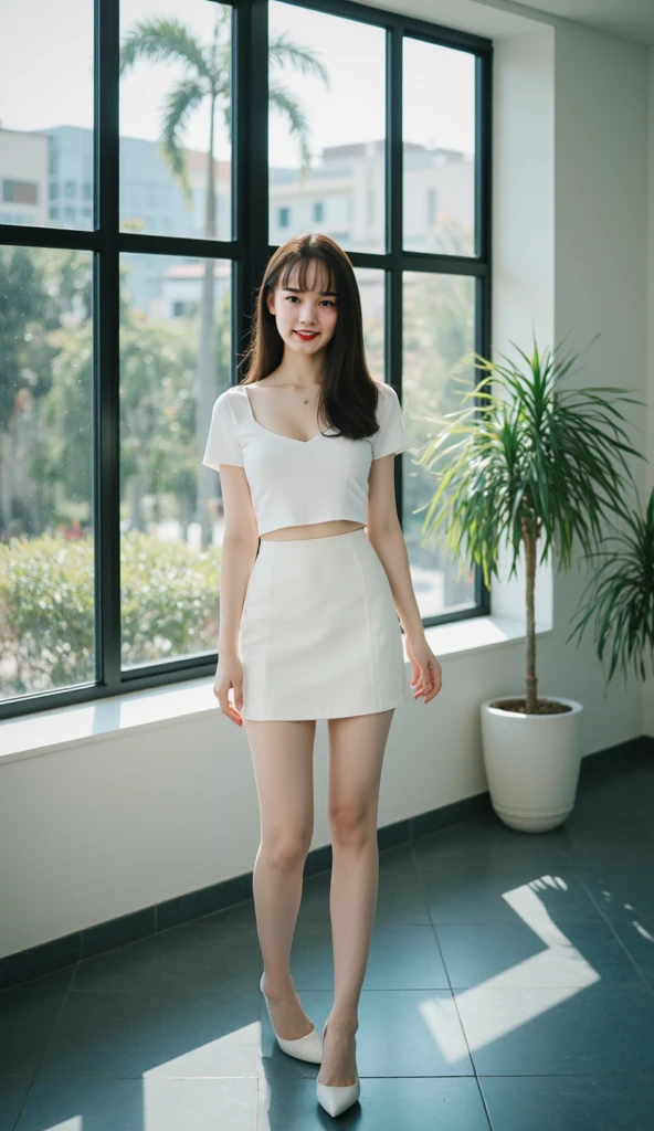 《Smiling beautiful woman with short hair wearing a white miniskirt and blouse》,《Big Breasts》,《Muscular body》,《Full body》,《Long, slim, beautiful legs》,《High heel pumps》