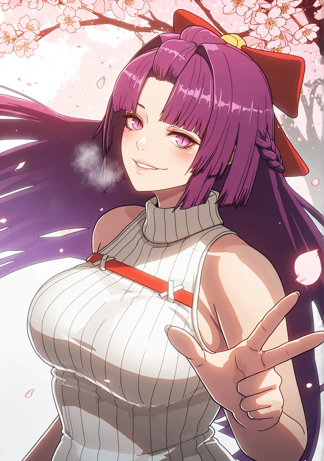 ggstduel, (minami_koyogi-style:1.4), (alecto_0-style:0.8), ((anatomical correct)), ((embers)), ((Cinematic, unreal engine, eye-catching, ambient occlusion, UHD, masterpiece)), ((perfect lighting)), perfect body, perfect eyes, perfect fingers, gasping, heavy breathing, gasping profusely, ((skindentation)), ((curvy)), SHIKOKU_(MATO_SEIHEI_NO_SLAVE), purple hair, purple eyes, slit pupils, long hair, hair bow, red bow, parted bangs, ribbon trim, half updo hair, bangs_pinned_back, straight hair, medium breasts, plump, 1girl, breasts, solo, looking_at_viewer, turtleneck, sweater, sleeveless, smile, ribbed_sweater, bare_shoulders, cherry_blossoms, sleeveless_turtleneck, blush, turtleneck_sweater, upper_body, hair_intakes, closed_mouth, alternate_costume, white_sweater, flower, sleeveless_sweater, ((embers)), shade eyes, parted lips falling petals, shaded face